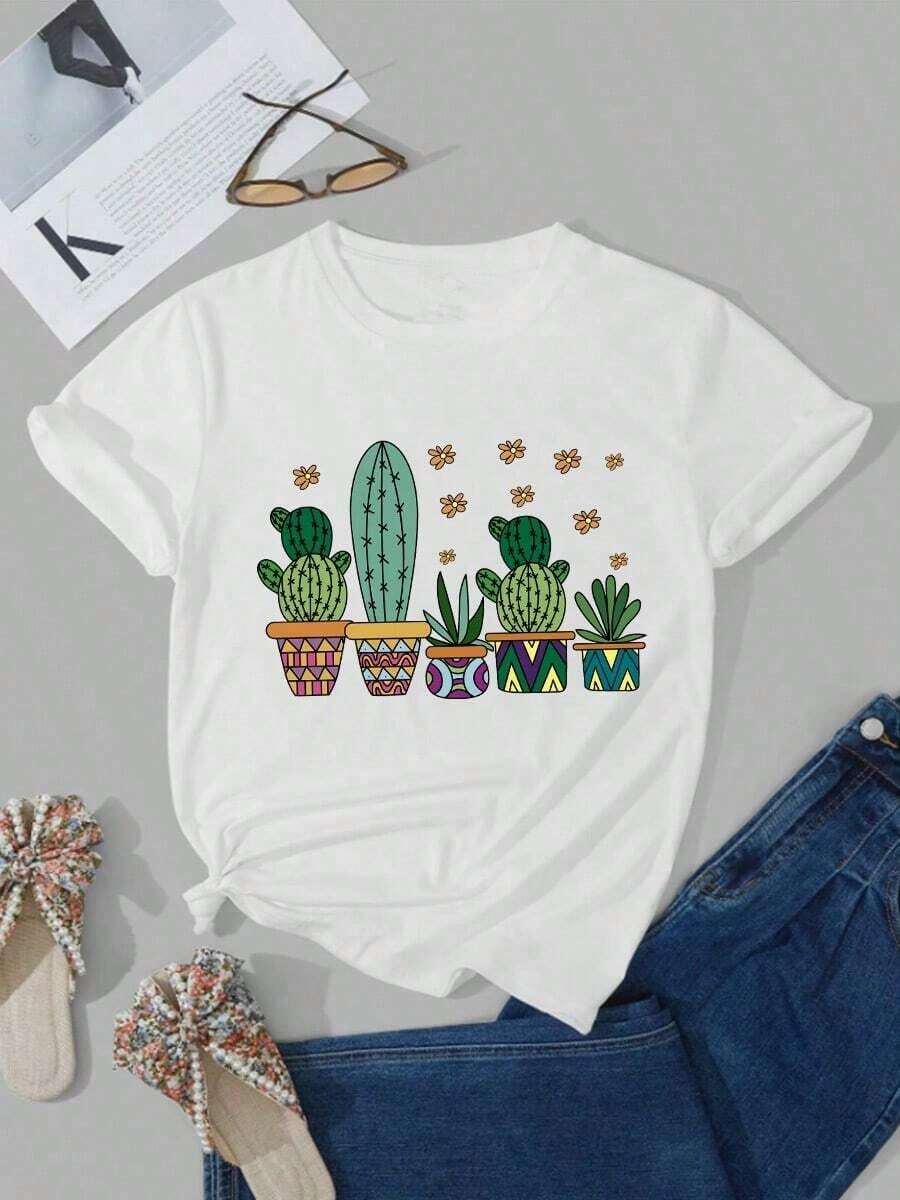 Camiseta casual de manga corta con estampado de cactus bonsái para mujer, top de verano con cuello redondo - Camiseta unisex de estilo vintage urbano, holgada, de algodón 100% puro. - Blanco - Ver 1