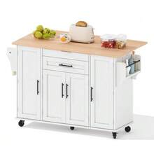 120*45 Cm, Mobile Kitchen Island, Kitchen Trolley, Worktop Extendable Up To 70 Cm, Hidden Cutlery Drawer, Adjustable Shelves, Spice Rack And Towel Rack, Suitable For Kitchen, Dining Room Or Living Room. - White - View 10