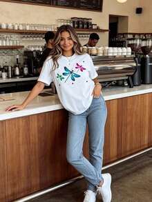 Camiseta de cuello redondo para mujer con estampado de libélula, manga corta, informal, para verano - Blanco - Ver 4