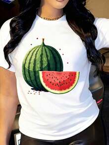 Camiseta Vintage para Mujer con Estampado de Sandía - Cuello Redondo Suave, Manga Corta, Diseño de Corteza Verde y Semillas Rojas, Transpirable, Informal, para Playa, Picnic, Ropa Casual - Atuendo de Rodajas de Fruta (Lavable a Máquina) Camiseta Moderna para Mujer - Blanco - Ver 6