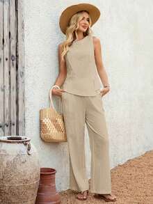 2 piezas Conjunto casual de uso diario con top y pantalones con diseño de abertura de jacquard para mujer - Caqui - Ver 5