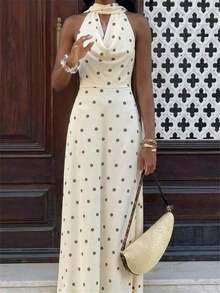 Vestido de mujer con cuello drapeado, línea A y espalda descubierta en color amarillo fluido - Multicolor - Ver 2