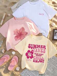 Set de 3 camisetas de manga corta con cuello redondo y estampado floral minimalista y elegante de verano, versátil para uso diario y casual para mujeres en color rosa - Rosa - Ver 11