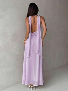 Vestido de mujer con cuello drapeado, línea A y espalda descubierta en color amarillo fluido - Púrpura malva - Ver 2