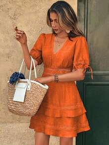 Vestido de verano de unicolor con ribete de encaje para mujer - Naranja - Ver 6