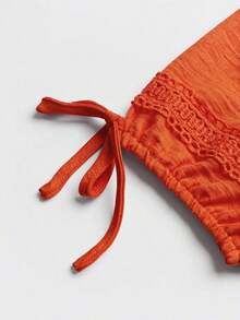 Clasi Vestido mini de manga abullonada con ribete de encaje de unicolor para mujer, para verano - Naranja 2 - Ver 5
