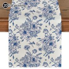 1pc French Toile De Jouy Classic Blue & White Floral Print Table Runner, Microwave Dust Cover, Protective Cover, Available In Multiple Sizes, Suitable For Home Dining, Kitchen Decor, Home Decor, Outdoor Party And Restaurant Decoration, Linen-Like Texture - Multicolor - View 1