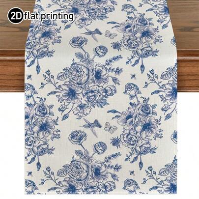 1pc French Toile De Jouy Classic Blue & White Floral Print Table Runner, Microwave Dust Cover, Protective Cover, Available In Multiple Sizes, Suitable For Home Dining, Kitchen Decor, Home Decor, Outdoor Party And Restaurant Decoration, Linen-Like Texture