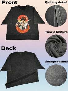 Práctica camiseta unisex de manga corta, de corte ancho y estilo retro, en color negro, con un diseño gráfico adecuado tanto para hombres como para mujeres, que muestra a un personaje de anime sosteniendo una espada, llamas y símbolos del sol. - Negro - Ver 6