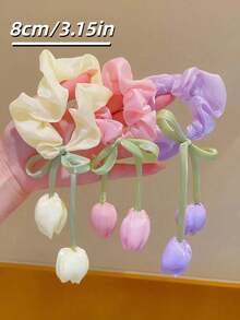 2pcs Lily Of The Valley Hair Scrunchies, [Beige, Blue, Pink, Green, Purple] Multi-Color Lily Of The Valley Hair Ties, Perfect For Summer Beach Photos Ponytail Elastic Hair Ties - Watermelon Pink - View 6