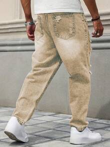 Men's Loose Comfortable Versatile Relaxed Fit Distressed Straight Leg Jeans, Fashionable For Spring & Autumn - Khaki - View 3