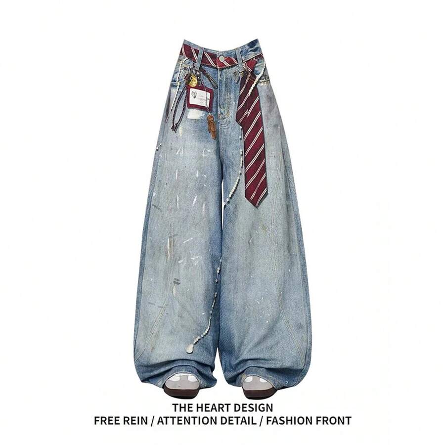 ZHIZOU Women Blue Y2k Baggy Jeans Harajuku VintageBent Knife Denim Trouser Aesthetic 2000s Style Jeans Pants Oversize Clothes - 藍色 - 查看 1