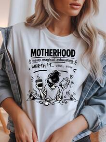 Maternity Graphic Tee, Mother's Day Gift, T-Shirt For Coffee-Loving Moms. Unisex 220g Pure Cotton T-Shirt, Ideal Weight For All Seasons, Suitable For Both Men And Women. Durable, High-Quality Fabric, Soft To The Touch And Long-Lasting. Breathable Top. Suitable For Women's Spring And Summer, Holidays, Mother's Day, And Independence Day. - 白色 - 查看 1