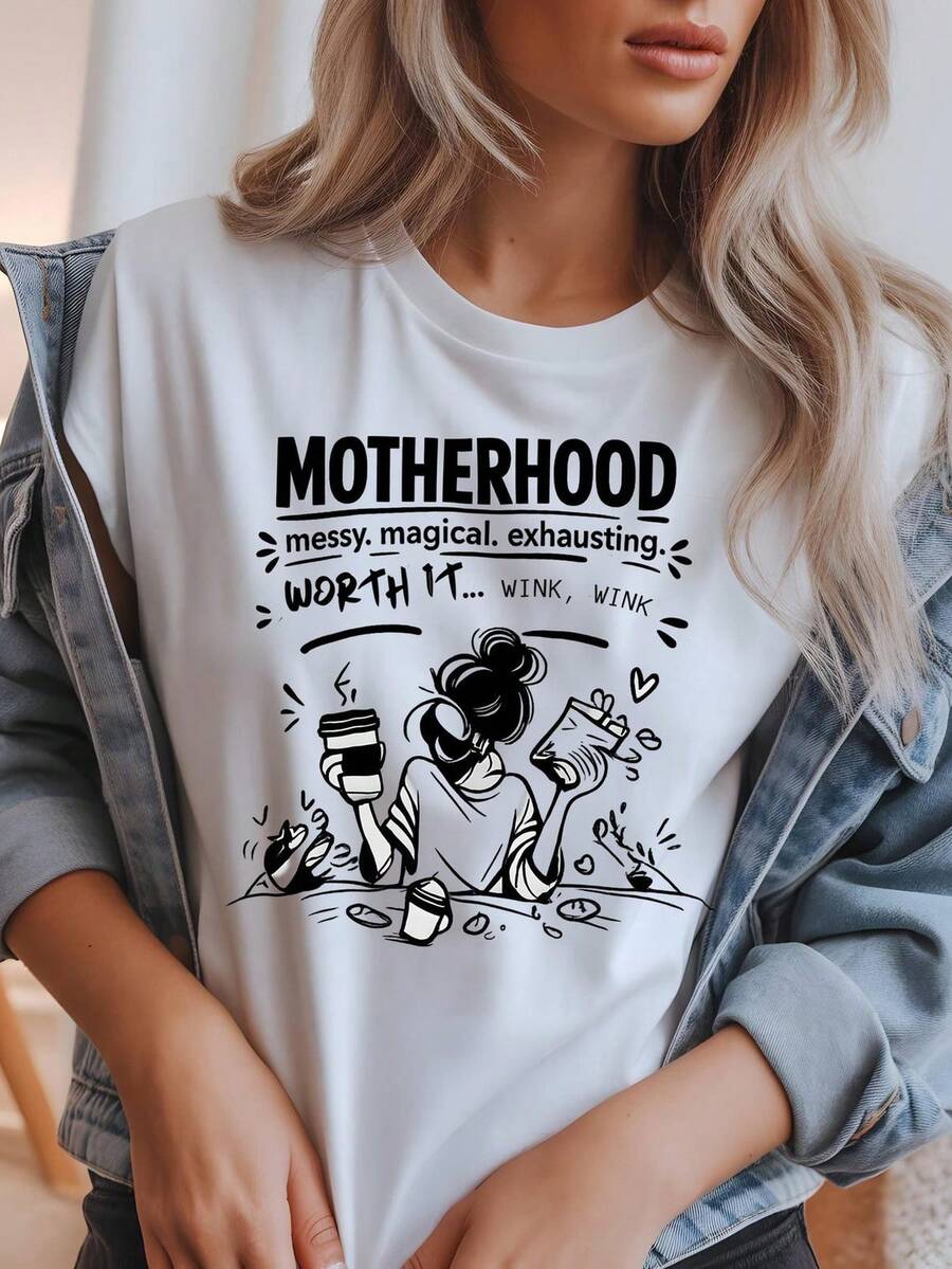Maternity Graphic Tee, Mother's Day Gift, T-Shirt For Coffee-Loving Moms. Unisex 220g Pure Cotton T-Shirt, Ideal Weight For All Seasons, Suitable For Both Men And Women. Durable, High-Quality Fabric, Soft To The Touch And Long-Lasting. Breathable Top. Suitable For Women's Spring And Summer, Holidays, Mother's Day, And Independence Day. - 白色 - 查看 1