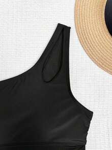 Traje de baño de una sola manga con cordón, busto acolchado, empalme de malla, traje de baño sexy de una pieza con falda transparente negra, falda sexy para vacaciones, conjunto sexy negro, cubierta de traje de baño negro - Negro - Ver 4