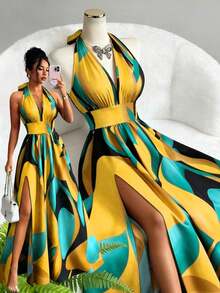 Nuevo vestido maxi de diseño elegante y sexy de estilo francés con cuello en V, halter, cintura expuesta, espalda descubierta, corte evasé y abertura, sin mangas, con estampado floral rojo y verde, de alta calidad y sofisticado para mujeres - Amarillo - Ver 1