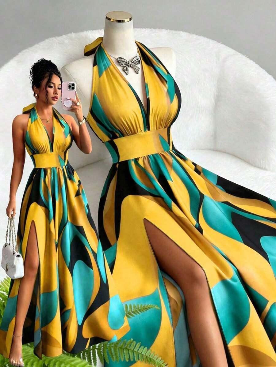 Nuevo vestido maxi de diseño elegante y sexy de estilo francés con cuello en V, halter, cintura expuesta, espalda descubierta, corte evasé y abertura, sin mangas, con estampado floral rojo y verde, de alta calidad y sofisticado para mujeres - Amarillo - Ver 1