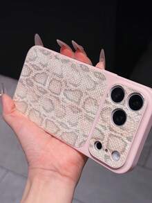 Snake 1pc Leopard Print & Golden Element PU Leather Protective Phone Case, Compatible With Apple 17Pro/17/Air/17Promax/11/12/13/14/12 Pro Max/16 Pro/15 Series With Lens Protection, Holiday Gift - Pink - View 4