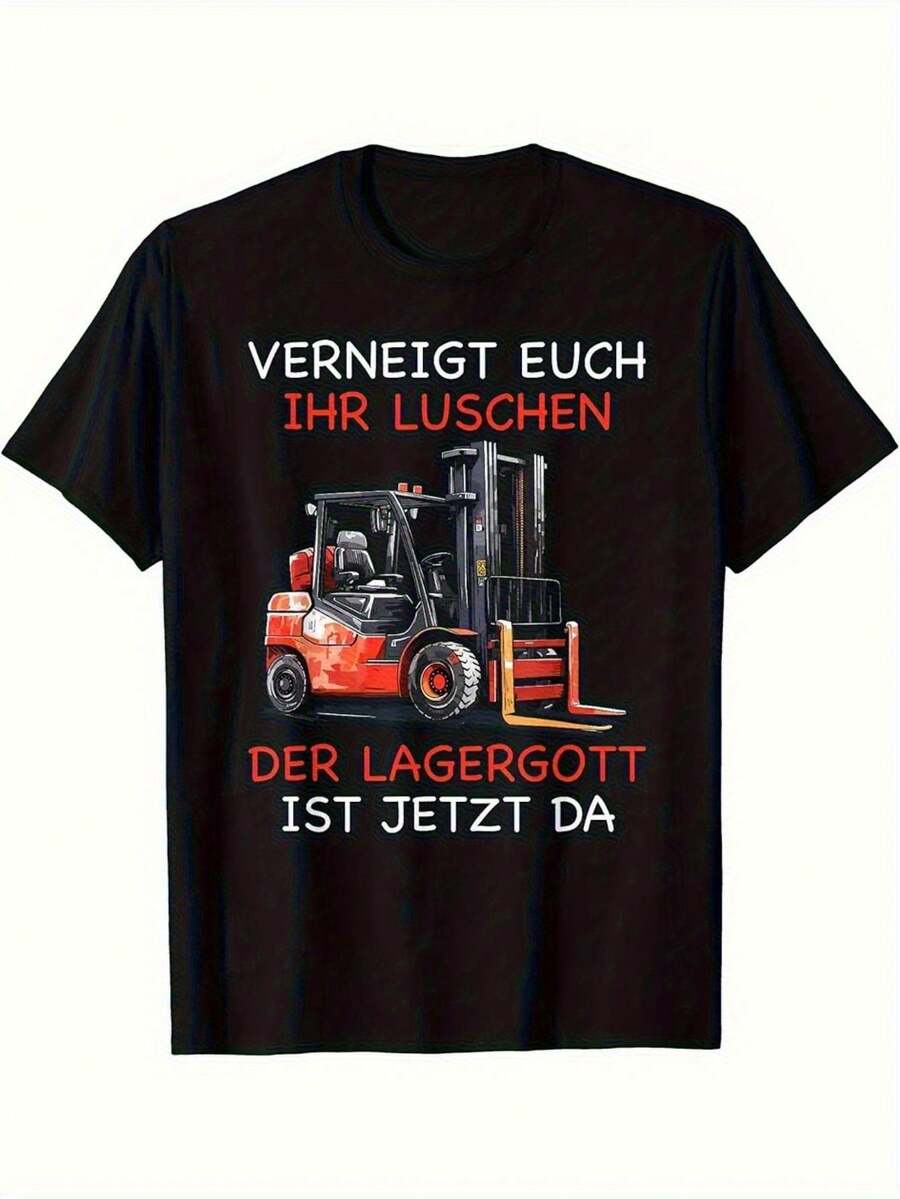Camiseta Divertida para Hombre Estilo 2026 con Diseño de Trabajador de Almacén Alemán | Camiseta casual de manga corta y cuello redondo con estampado de Lagergott Ist Da Stapler Lagerist y montacargas, para trabajos de logística, inventario y almacén - Para todas las estaciones, talla grande. - Negro - Ver 1
