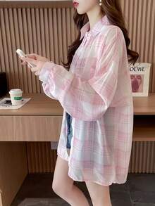 女款格紋長袖輕量寬鬆休閒防曬襯衫，夏季粉色 - 粉色 - 查看 2