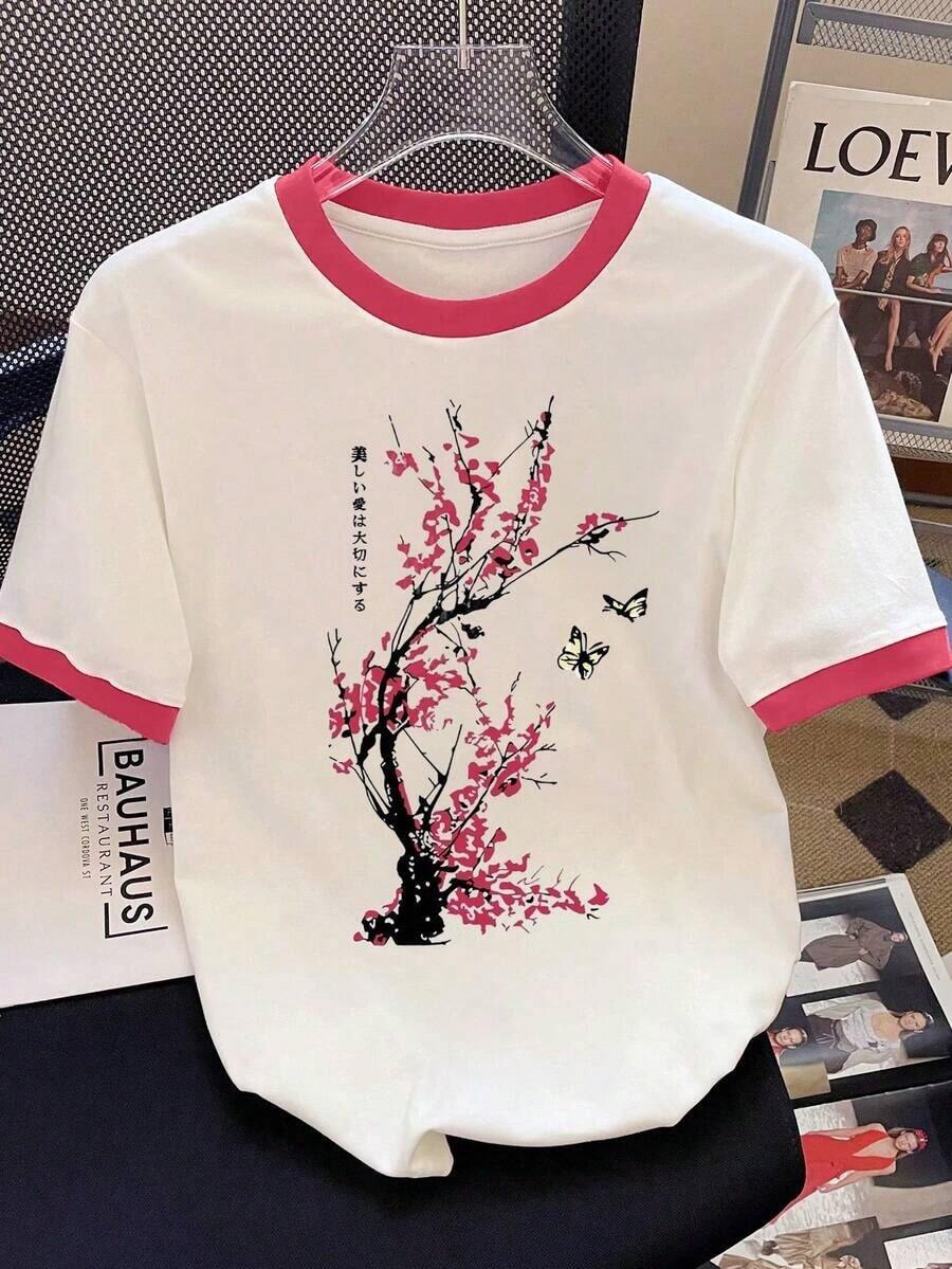 Camiseta de cuello redondo de color liso con detalles de lazo de pedrería de estilo minimalista - Multicolor 2 - Ver 1
