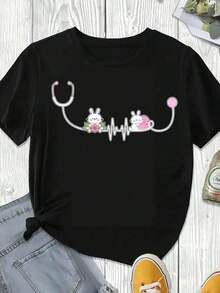 Camiseta con Estampado de Conejito y Estetoscopio, Blanca, Casual, para Primavera/Verano, Pascua - Negro - Ver 3