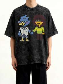Adecuadas tanto para hombres como para mujeres, las camisetas  Berdly y Kris cuentan con un diseño creativo de manga corta, cuello redondo, corte holgado y elegante, estampado vintage de verano y un acabado negro lavado. Son una opción de regalo perfecta. - Negro - Ver 1