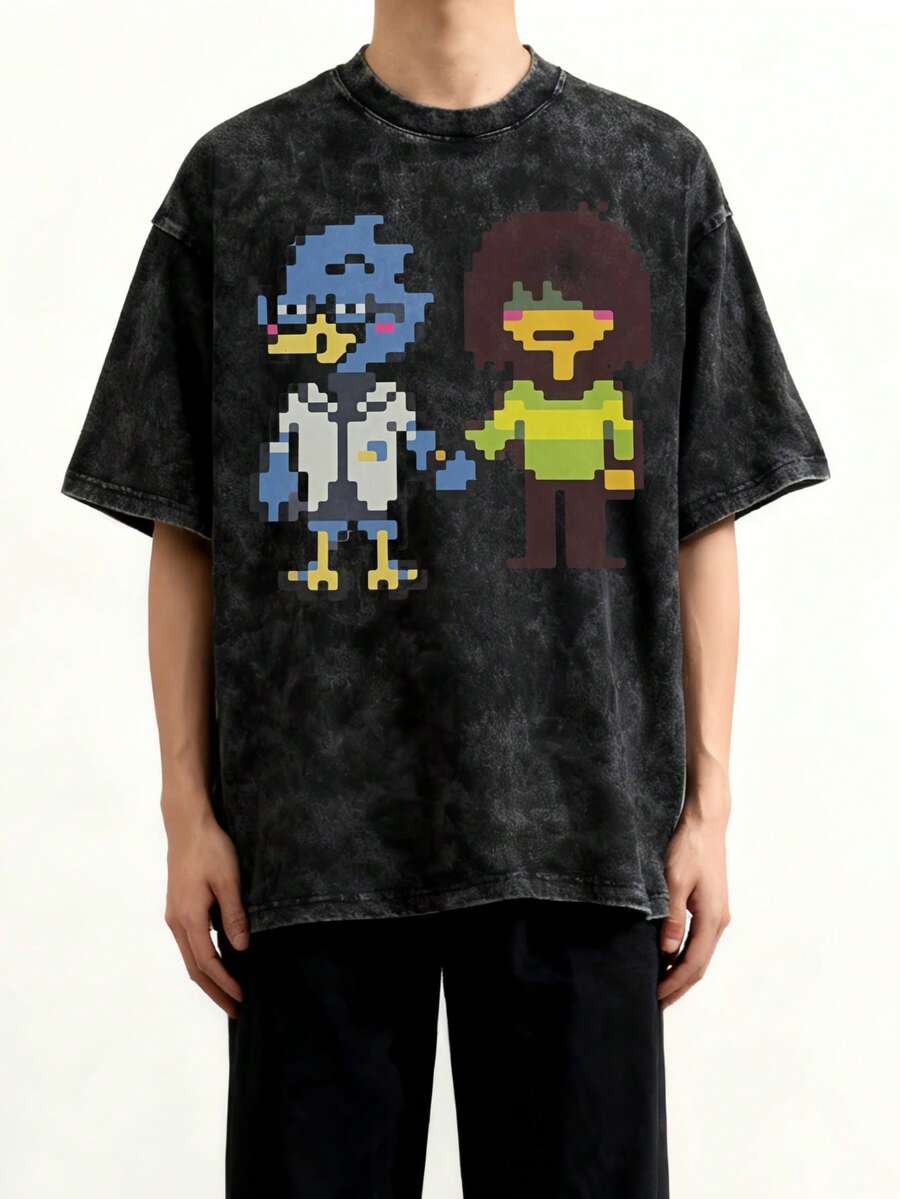Adecuadas tanto para hombres como para mujeres, las camisetas  Berdly y Kris cuentan con un diseño creativo de manga corta, cuello redondo, corte holgado y elegante, estampado vintage de verano y un acabado negro lavado. Son una opción de regalo perfecta. - Negro - Ver 1