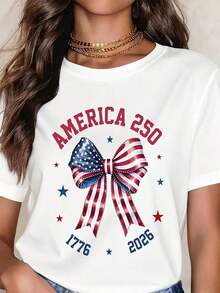 Women's Short-Sleeved T-Shirt, Casual Style, Loose Fit, Round Neck, With Patriotic Print Of The United States Flag 250, 1776, 2026, For Independence Day Celebration, Summer Party Wear. - 白色 - 查看 1
