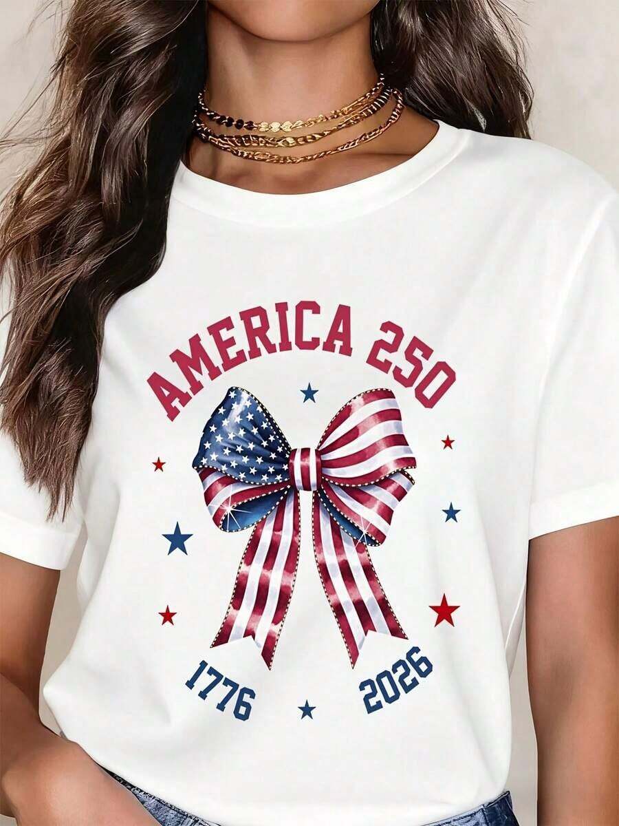Women's Short-Sleeved T-Shirt, Casual Style, Loose Fit, Round Neck, With Patriotic Print Of The United States Flag 250, 1776, 2026, For Independence Day Celebration, Summer Party Wear. - 白色 - 查看 1