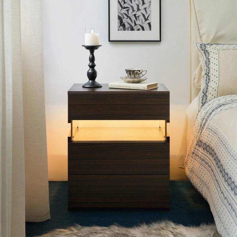 Modern Bedside Table / Wooden Bedside Table / Bedside Table With 3 Drawers / Easy To Assemble, Plenty Of Storage Space / For Bedroom, Living Room, Bedside Furniture - 核桃 - 查看 1