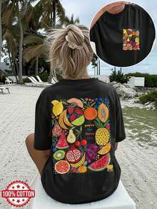 Women's T-Shirts, Summer Tops [Double-Sided Print] Women's Spring And Summer Casual T-Shirt With A Playful Fruit Design And The Inscription "You're The Berry Zest" On A Crew Neck, Short-Sleeved, Oversized T-Shirt [Chu K] Cotton T-Shirt, Women's - Black - View 6