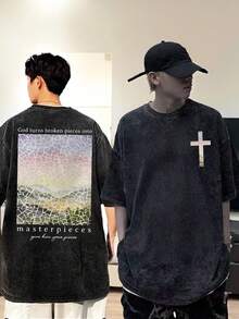 Unisex Vintage Washed, Loose-Fitting Black T-Shirt With The Phrase "Christian Faith In Jesus Overcomes Fear", T-Shirt With Biblical Verse,  Vintage Loose-Fitting Unisex T-Shirt, Harajuku Style Cotton T-Shirt. - 黑色 - 查看 1
