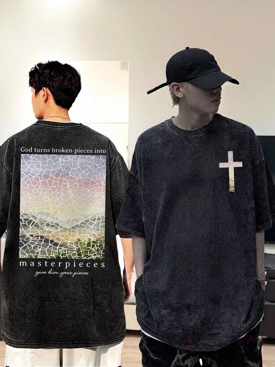 Unisex Vintage Washed, Loose-Fitting Black T-Shirt With The Phrase "Christian Faith In Jesus Overcomes Fear", T-Shirt With Biblical Verse, Vintage Loose-Fitting Unisex T-Shirt, Harajuku Style Cotton T-Shirt. - 黑色 - 查看 1