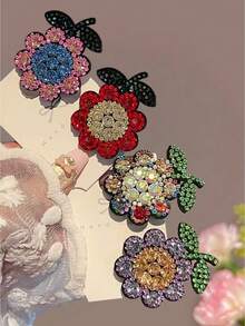 4pcs Shiny Crystal Flower Hair Clips For Teenage Girls, Crystal Inlaid Flower & Leaf Decor Hair Accessories, Sweet & Fashionable For Party And Daily Wear - Multicolor - View 3