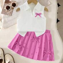 Conjunto de 2 piezas de top de punto acanalado de cuello en V blanco + falda con estampado de lazo a rayas verticales para niñas, adecuado para uso diario, actividades al aire libre y eventos, primavera/verano - Rosa Fucsia - Ver 6