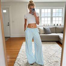 Pantalones Anchos de Mujer a Rayas con Bloque de Color, Cintura Elástica, Largo Completo, Ligeros de Verano con Bolsillos, Delgados y Fluidos para Uso Diario y Vacaciones - Azul - Ver 3