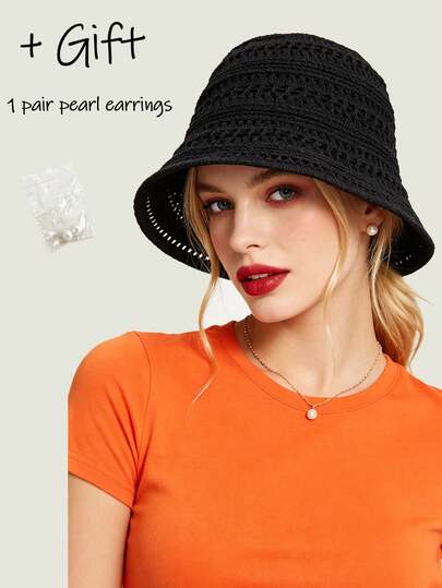 1pc New Summer Women's Hollowed-Out Hat Free A Pair Of Pearl Earrings, Breathable Thin Fashion, Women's Outdoor Face Enhancing Small Wide Brimmed Knitted Basin Hat, Casual Versatile Sun Hat Suitable For Shoppingtravelout,Party Out