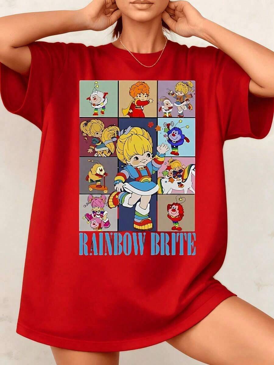 Camiseta de Mujer con Estampado Gráfico de Rainbow Brite, Diseño de Personajes Lindos, 100% Algodón, Cuello Redondo, Estilo Casual, 1 Pieza. Son Excelentes Regalos para Amigos y Familiares. - Rojo - Ver 1
