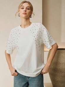 Camiseta de algodón casual con cuello redondo blanco y adornos de diamante de imitación para mujeres - Blanco - Ver 3