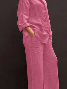 Cardigan casual con cuello polo ligero, blusa elegante de unicolor versátil adecuada para la playa, el diario, el trabajo, las compras, de tela suave, pantalones sueltos con cintura elástica, conjunto de 2 piezas, primavera/verano/otoño - Rosa Fucsia - Ver 10