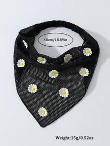 1件女款原創花卉刺繡荷葉邊頭巾，雛菊裝飾，適合日常穿搭與度假夏季髮飾海灘髮帶女款頭巾 - 黑色 - 查看 4