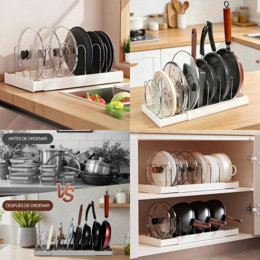 Estante de Ollas, Organizador de Ollas y Sartenes Corredero, 9 Compartimentos Ajustables Estante Tapas de Ollas Cajon, Acero inoxidable para Sartenes, Ollas y Tapas - Blanco - Ver 1