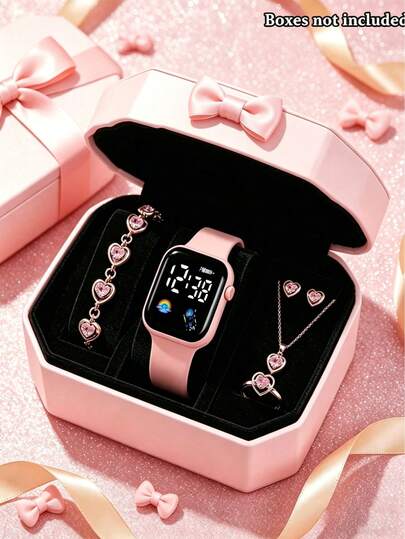6/5pcs Fashionable, Minimalist, Elegant And Cute Square Digital Display Rainbow Pattern Decorated Electronic Watch, Matching Jewelry Set Including Necklace, Bracelet, Earrings And Ring. Suitable For Girls To Wear At Parties, Gatherings, And Various Festivals. It Is Also The Best Gift Choice For Mother's Day, Back To School Season, Easter For Mothers/Friends. (Excluding Packaging Box)