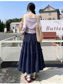 韩版休闲碎花A字长裙，显瘦蓬蓬裙，女士必备 - 寶藍色 - 查看 6