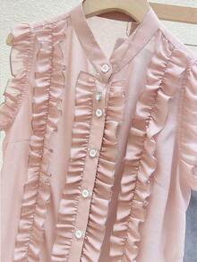 Blusa de mujer de gasa negra con lunares, elegante y romántica con volantes en el bajo - Rosa 2 - Ver 4