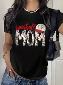 Camia de manga corta para mujer, top casual estampado con diseño de "Mamá de Béisbol con Leopardo y Gorra", camia deportiva a la moda adecuada para uso diario casual y vacaciones, transpirable y cómoda. - 1-1 - Ver 1