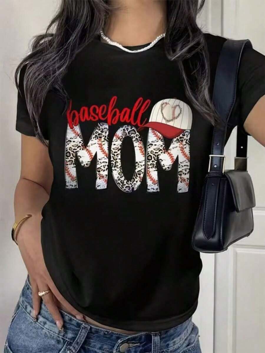 Camia de manga corta para mujer, top casual estampado con diseño de "Mamá de Béisbol con Leopardo y Gorra", camia deportiva a la moda adecuada para uso diario casual y vacaciones, transpirable y cómoda. - 1-1 - Ver 1