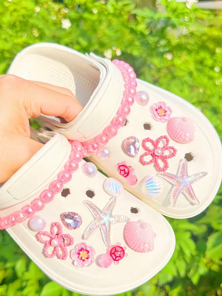 20 Stücke/Set Rosa Ozean Serie DIY Perlen Kette Schuh Blumen, Seestern, Blume, Strass Dekoration für Sandalen, Strandschuhe, Gartenschuhe, Pantoffeln, Urlaubsgeschenk - Pink - Übersicht 1