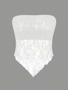 Top bandeau ajustado con bajo asimétrico de tela de encaje sexy y casual, color marrón - Blanco - Ver 1